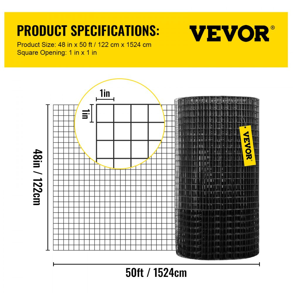 VEVOR Hardware Cloth, 48\" x 50\' & 1\"x1\" Mesh Size, Galvanized Steel Vinyl Coated 16 Gauge Chicken Wire Fencing with A Cutting Plier & A Pair of Fabric Gloves, for Garden Fencing & Pet Enclosures,