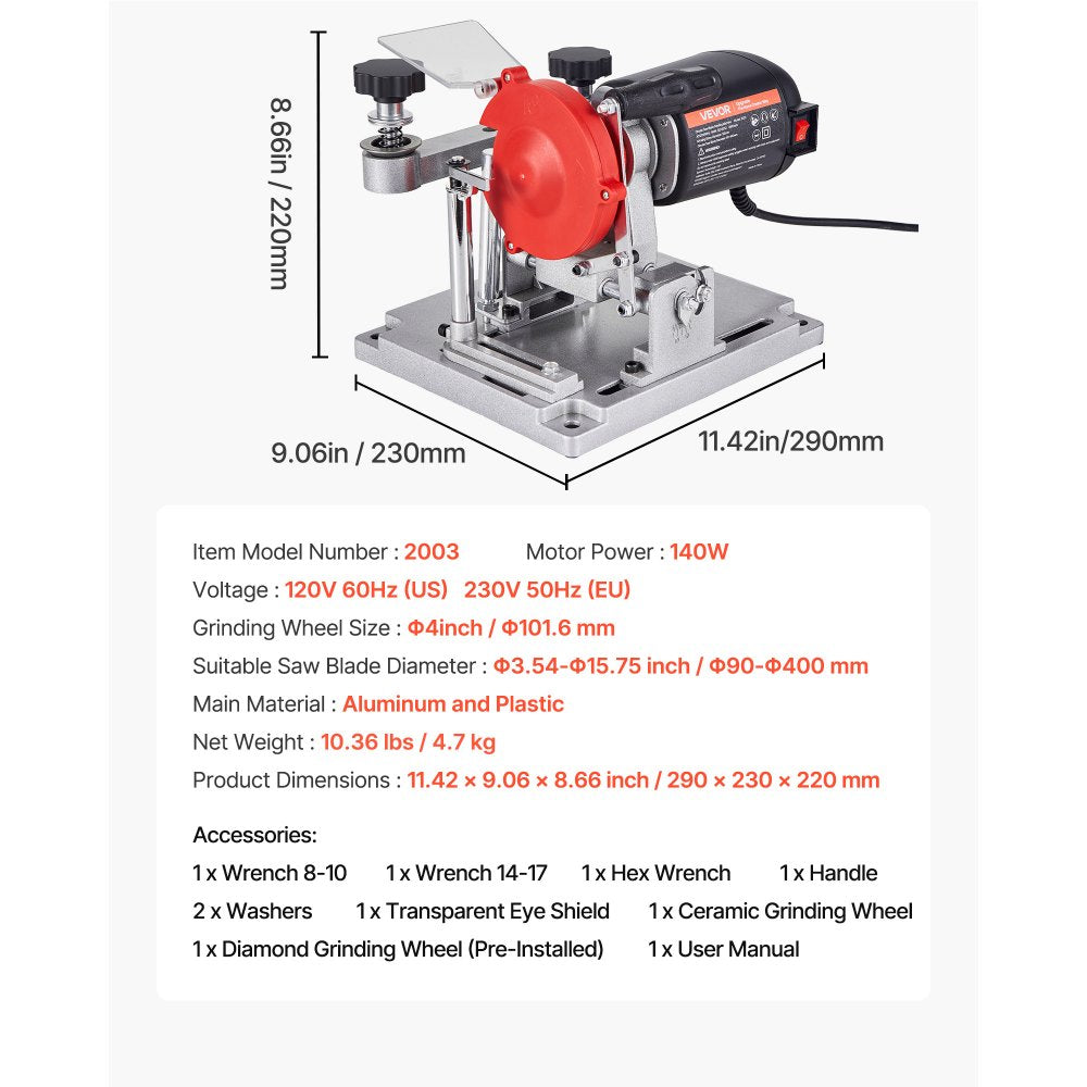 VEVOR Circular Saw Blade Sharpener, 140W 3800RPM Electric Saw Blade Sharpening Machine with 4" Ceramic & Diamond Grinding Wheels - Fits 3.5" to 15.7" Diameter Circular Saw Blades