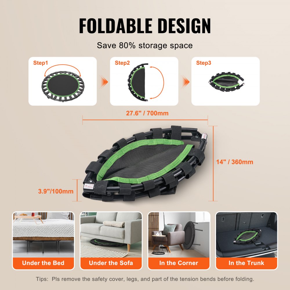 VEVOR Foldable Mini Trampoline, 36 Inch Fitness Rebounder, Max Load 220 lbs Exercise Trampoline, Stable & Quiet Indoor Small Workout Trampoline, Mini Trampoline for Adults Indoor/Garden Workout