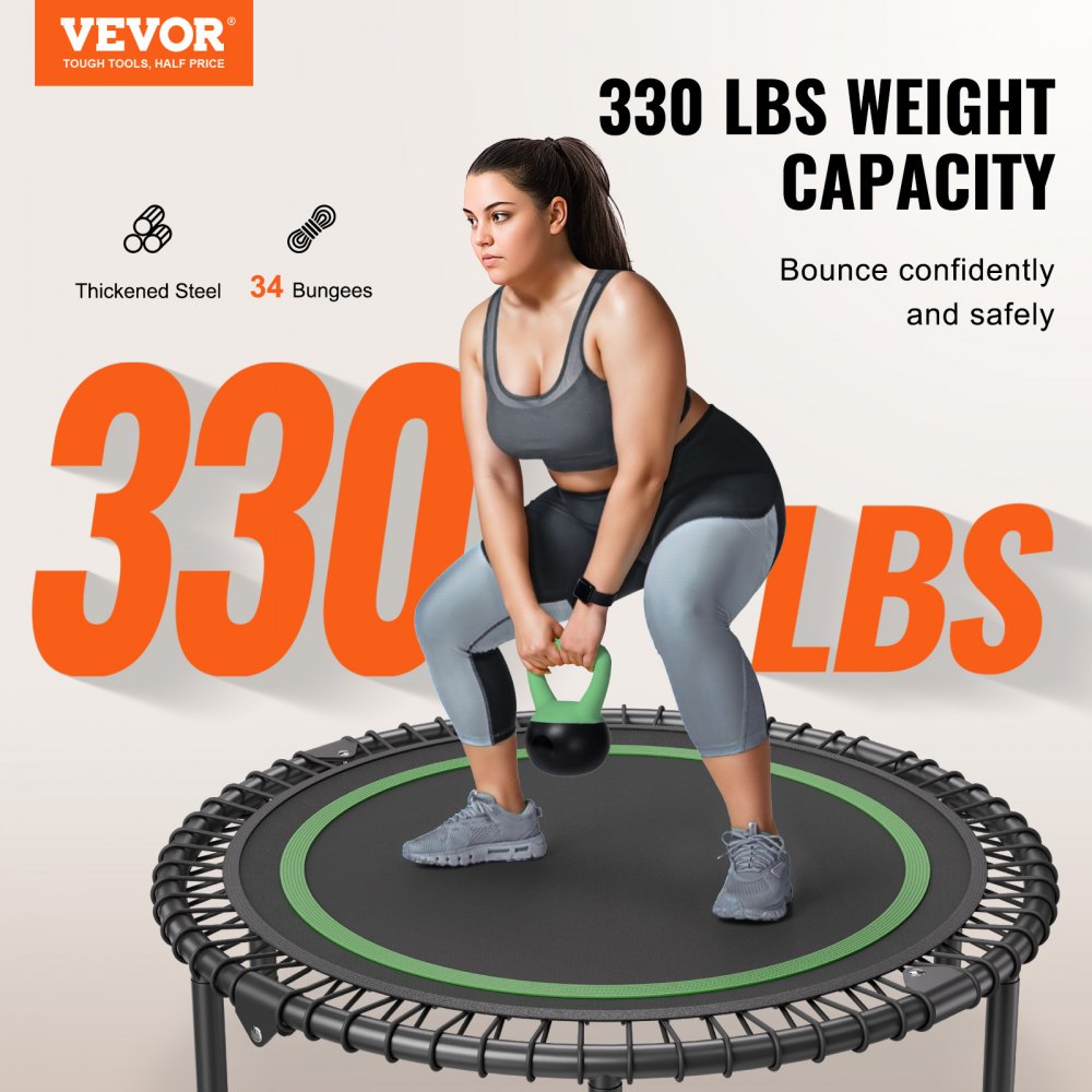 VEVOR Foldable Mini Trampoline, 40 Inch Fitness Rebounder, Max Load 330 lbs Exercise Trampoline, Stable & Quiet Indoor Small Workout Trampoline, Mini Trampoline for Adults Indoor/Garden Workout