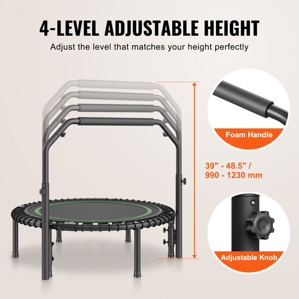 VEVOR Foldable Mini Trampoline, 40 Inch Fitness Rebounder, Max Load 330lbs Exercise Trampoline, Stable & Quiet Trampoline with 4 Level Height Adjustable Foam Handle, for Adults Indoor/Garden Workout