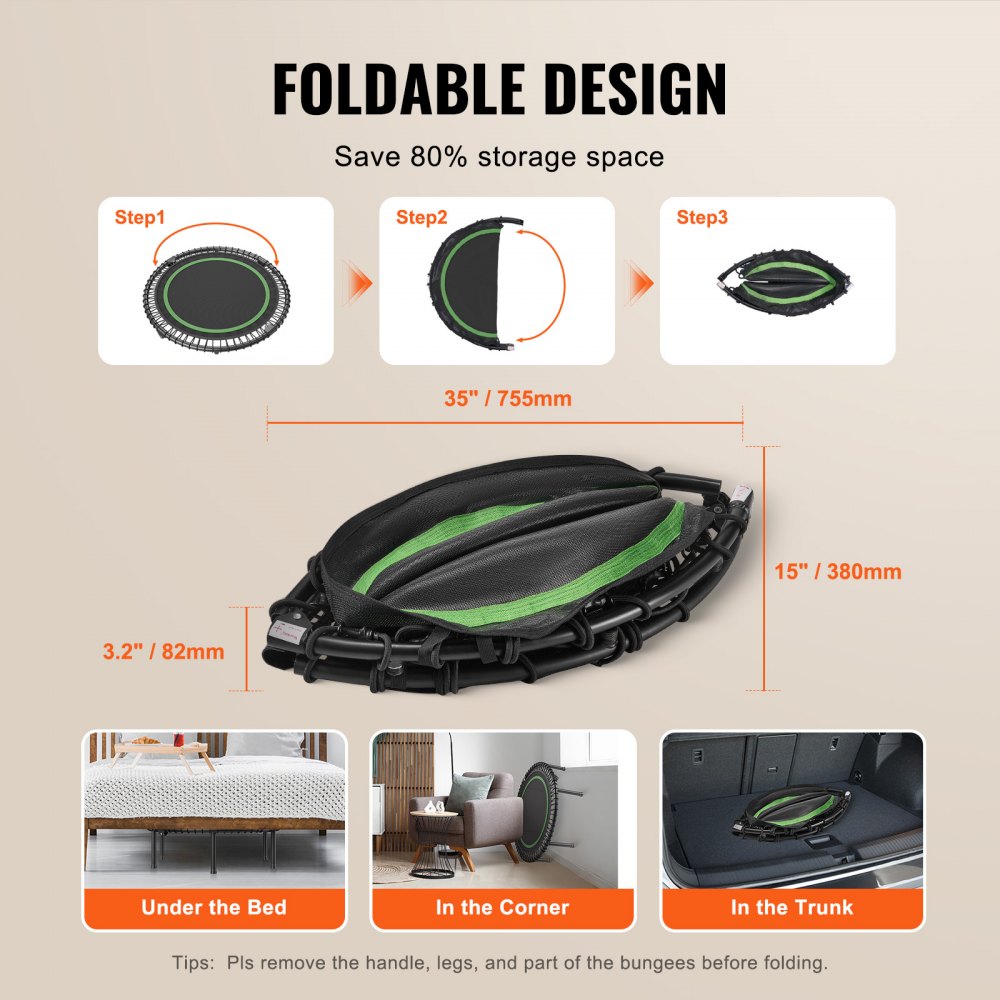VEVOR Foldable Mini Trampoline, 40 Inch Fitness Rebounder, Max Load 330lbs Exercise Trampoline, Stable & Quiet Trampoline with 4 Level Height Adjustable Foam Handle, for Adults Indoor/Garden Workout