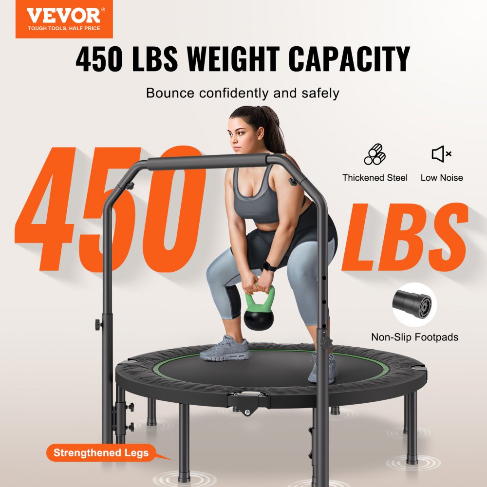 VEVOR Foldable Mini Trampoline, 52 Inch Fitness Rebounder, Max Load 450lbs Exercise Trampoline, Stable & Quiet Trampoline with 4 Level Height Adjustable Foam Handle, for Adults Indoor/Garden Workout