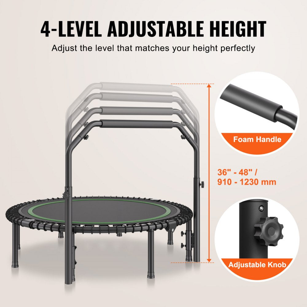 VEVOR Foldable Mini Trampoline, 51 Inch Fitness Rebounder, Max Load 450lbs Exercise Trampoline, Stable & Quiet Trampoline with 4 Level Height Adjustable Foam Handle, for Adults Indoor/Garden Workout
