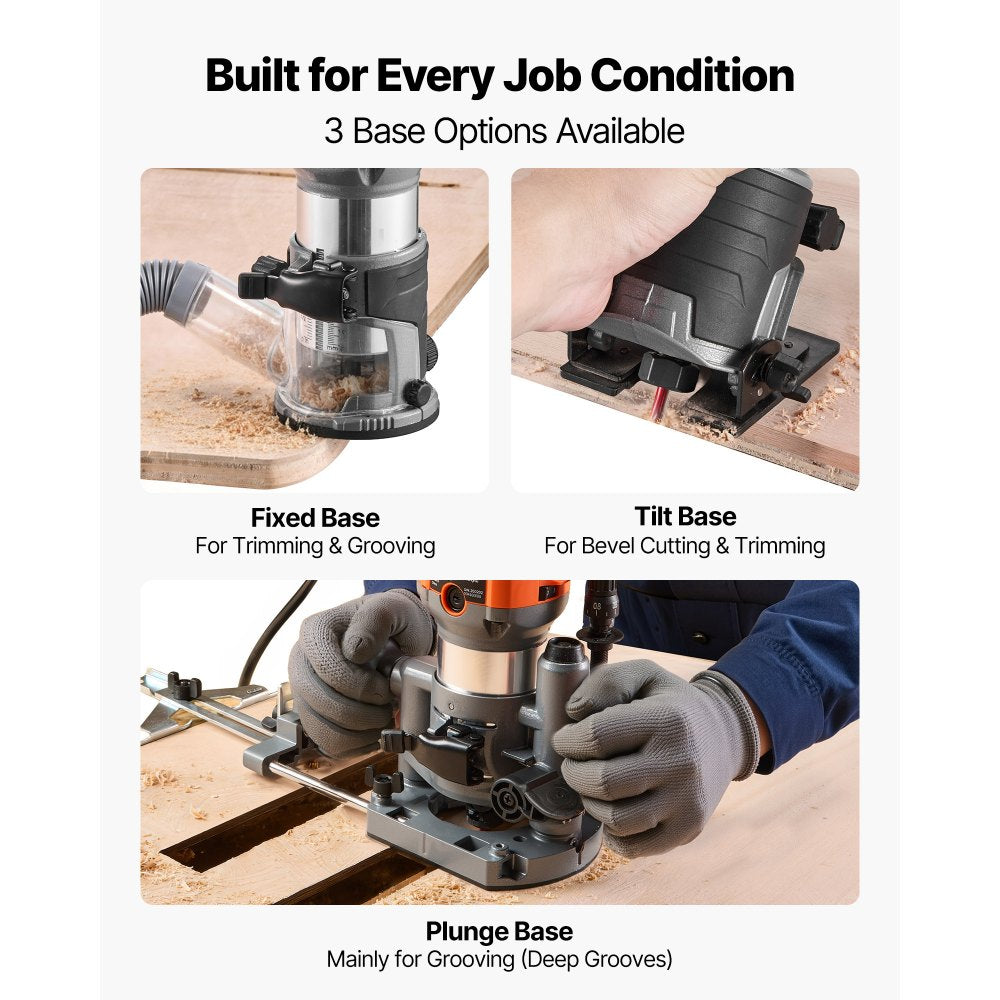 VEVOR Wood Router, 1 HP 710W, Variable Speed Palm Router Tool with 1/4 in Collet, Compact Edge Wood Trimmer with Fixed, Plunge & Tilt Base, Soft Start, for Woodworking, Trimming, DIY Projects, Corded
