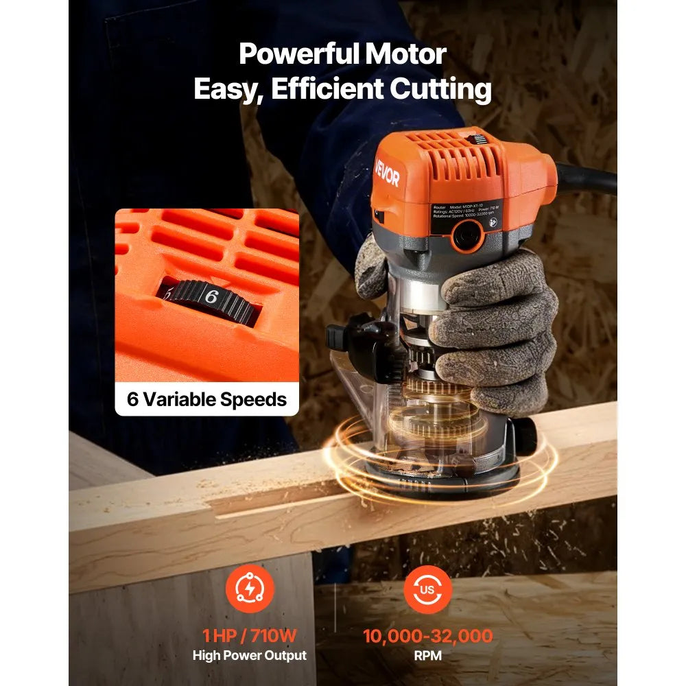VEVOR Wood Router, 1 HP 710W, Variable Speed Palm Router Tool with Soft Start, Compact Wood Edge Trimmer with Fixed Base & 1/4-Inch Collet, Dust Hood, for Woodworking, Trimming, DIY Projects, Corded