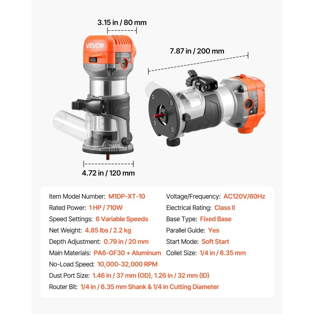 VEVOR Wood Router, 1 HP 710W, Variable Speed Palm Router Tool with Soft Start, Compact Wood Edge Trimmer with Fixed Base & 1/4-Inch Collet, Dust Hood, for Woodworking, Trimming, DIY Projects, Corded