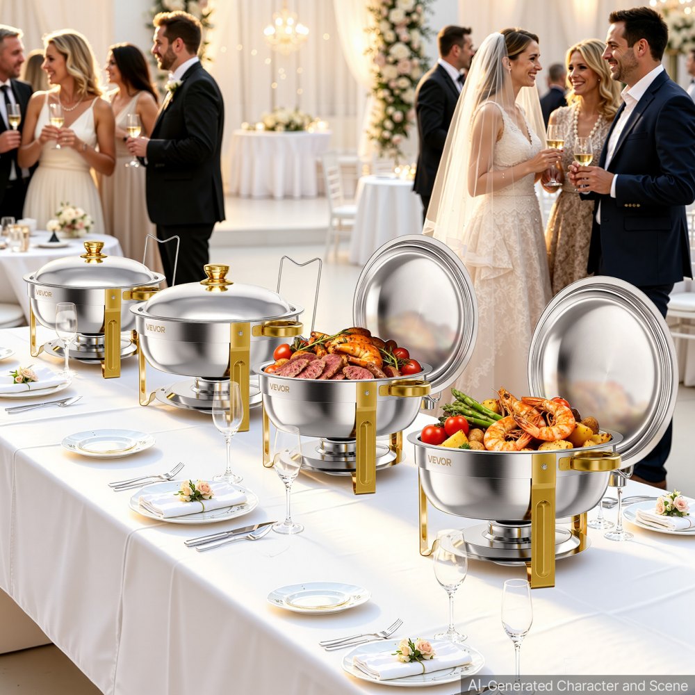 VEVOR 4 Packs Chafing Dishes for Buffet Set, 6QT Stainless Steel Chafer, for Banquet Party Wedding Catering Events, Round Stackable Buffet Servers and Warmers, with 4 Pots and Fuel Holder