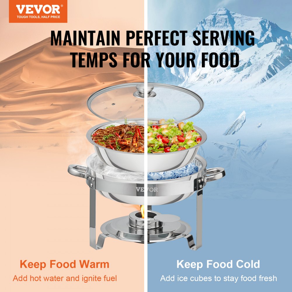VEVOR Chafing Dish Buffet Set, 4 Qt 2 Pack, Stainless Steel Chafer with 2 Full Size Pans, Round Catering Warmer Server with Vented Glass Lid Water Pan Stand Fuel Holder Hook Spoon, at Least 4 People E