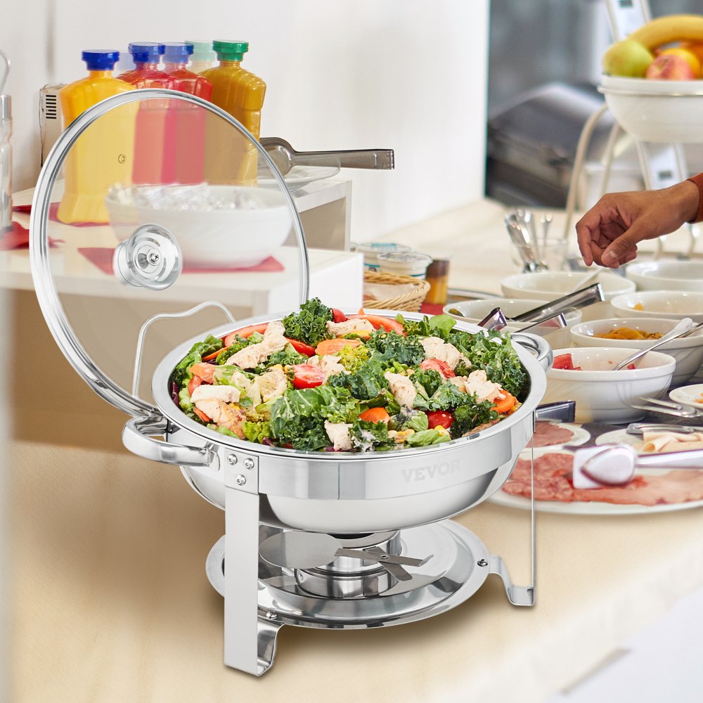 VEVOR Chafing Dish Buffet Set, 4 Qt 2 Pack, Stainless Steel Chafer with 2 Full Size Pans, Round Catering Warmer Server with Vented Glass Lid Water Pan Stand Fuel Holder Hook Spoon, at Least 4 People E