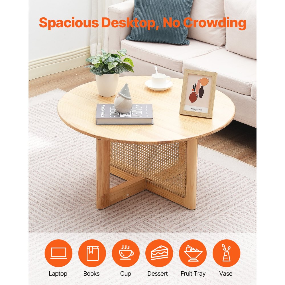 VEVOR Rattan Coffee Table, Round Rattan Woven Wood Coffee Table with Rubber Wood Top, 33 in Modern Boho Circular Storage Coffee Table with Natural Wood Legs, for Living Room, Bedroom & Small Spaces