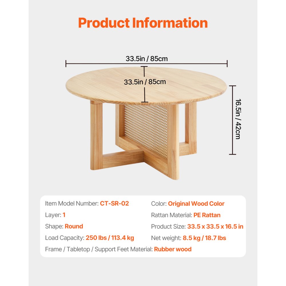 VEVOR Rattan Coffee Table, Round Rattan Woven Wood Coffee Table with Rubber Wood Top, 33 in Modern Boho Circular Storage Coffee Table with Natural Wood Legs, for Living Room, Bedroom & Small Spaces