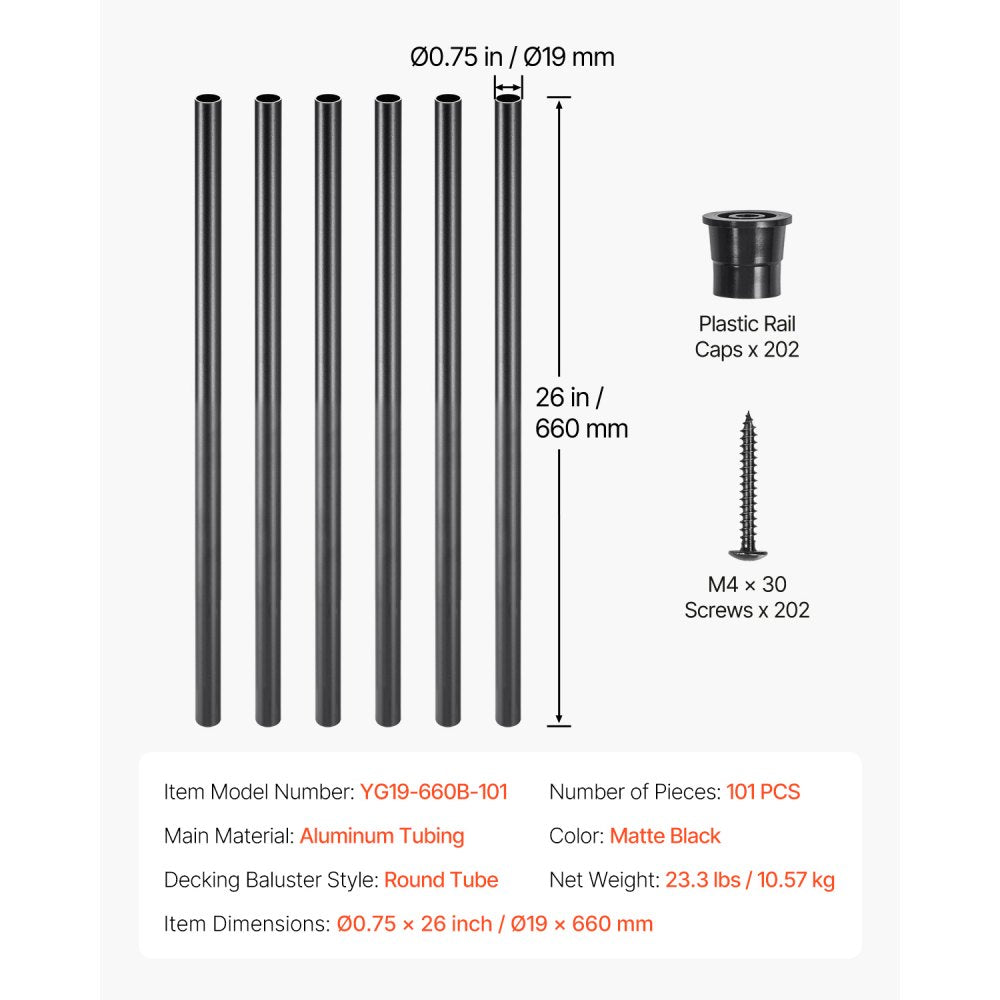 VEVOR Staircase Balusters 101 Pack, 26 In Aluminum Stair Balusters, 3/4 Inch Water-Proof Round Metal Spindle Railing, Hollow Deck Railing with Rail Caps & Screws for Stairs, Porch, Patio, Matte Black