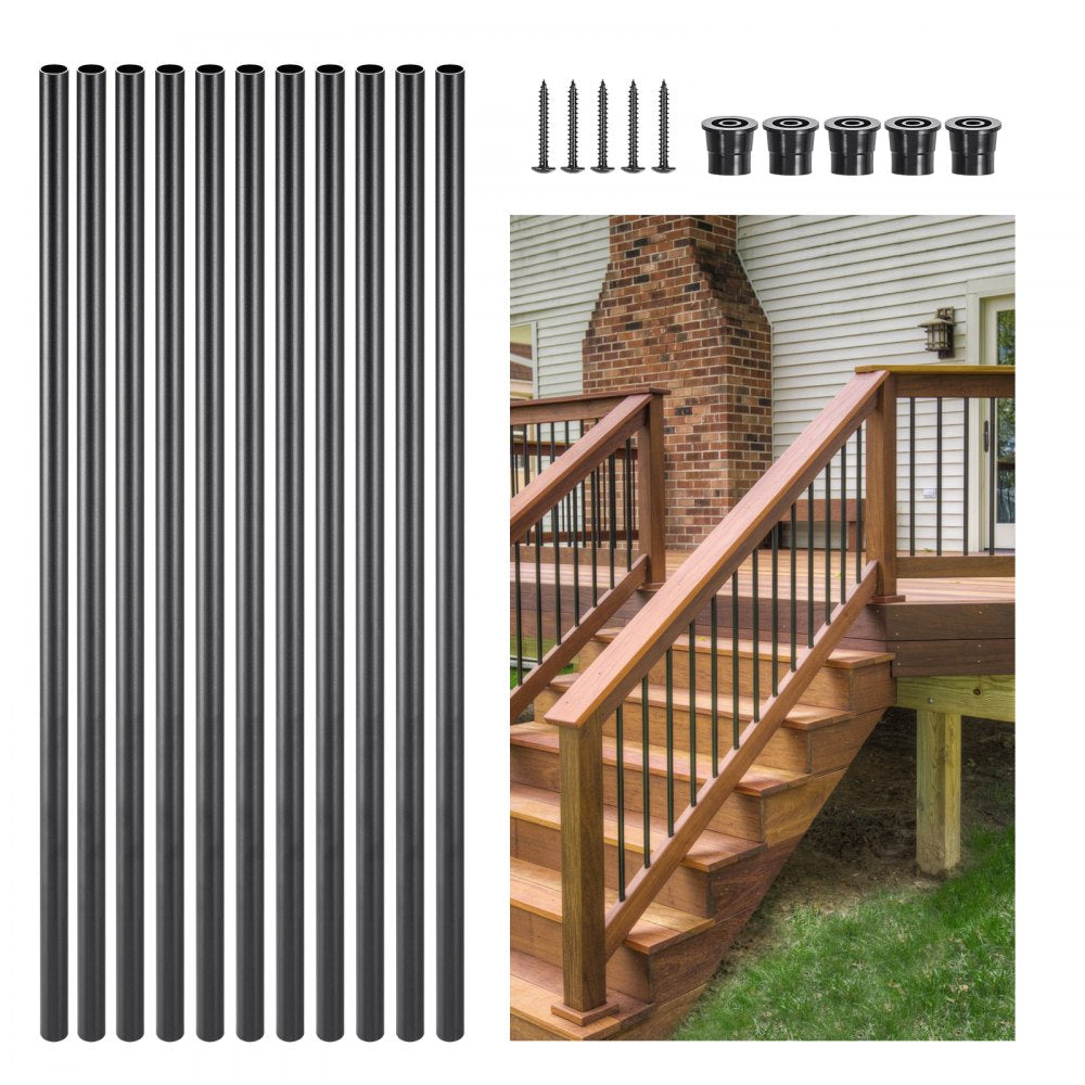 VEVOR Staircase Balusters 101 Pack, 26 In Aluminum Stair Balusters, 3/4 Inch Water-Proof Round Metal Spindle Railing, Hollow Deck Railing with Rail Caps & Screws for Stairs, Porch, Patio, Matte Black