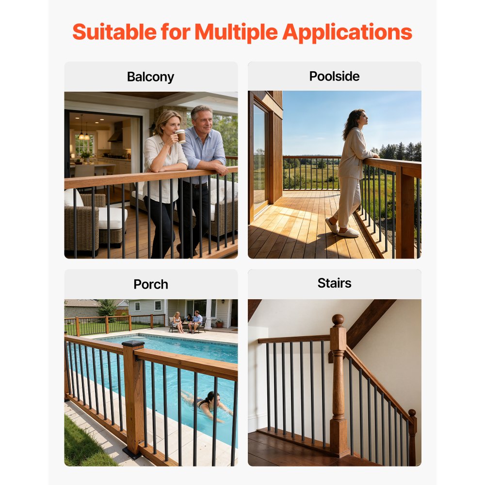 VEVOR 125 Pack Deck Balusters, 26 in Aluminum Railing Spindles, 3/4 in Diameter Hollow Round Metal Decking Stair Balusters with Connectors, Screws, for Deck, Porch & Staircase Railing Fence, Black