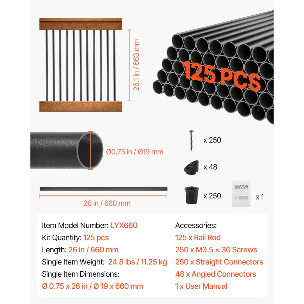 VEVOR 125 Pack Deck Balusters, 26 in Aluminum Railing Spindles, 3/4 in Diameter Hollow Round Metal Decking Stair Balusters with Connectors, Screws, for Deck, Porch & Staircase Railing Fence, Black