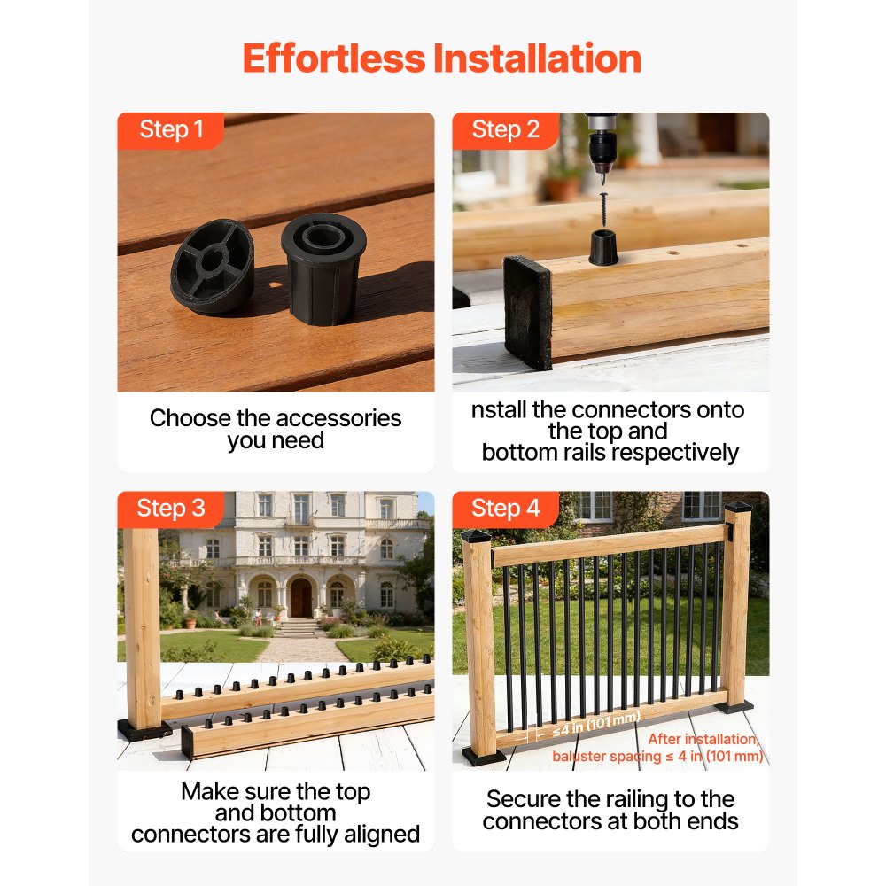 VEVOR 125 Pack Deck Balusters, 32 in Aluminum Railing Spindles, 3/4 in Diameter Hollow Round Metal Decking Stair Balusters with Connectors, Screws, for Deck, Porch & Staircase Railing Fence, Black
