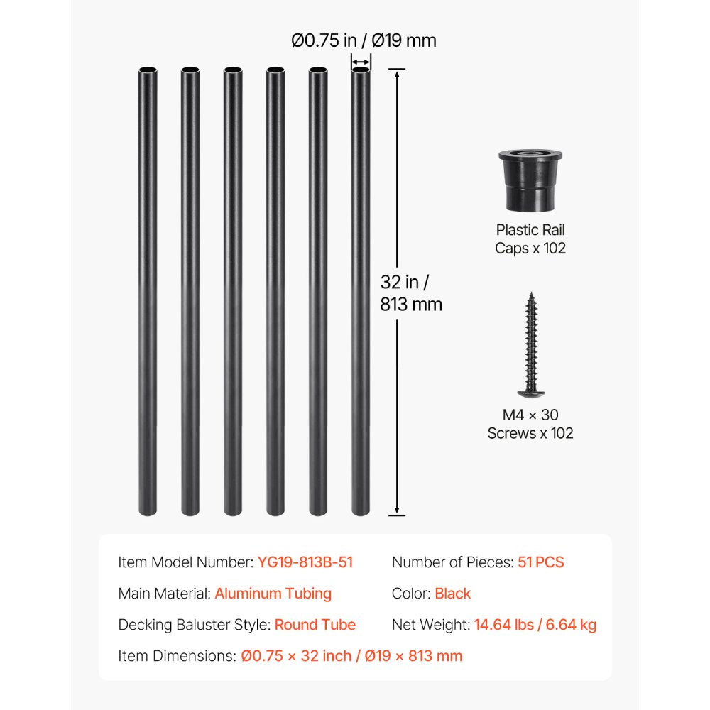 VEVOR Staircase Balusters 51 Pack, 32 In Aluminum Stair Balusters, 3/4 Inch Water-Proof Round Metal Spindle Railing, Hollow Deck Railing with Rail Caps & Screws for Stairs, Porch, Patio, Matte Black
