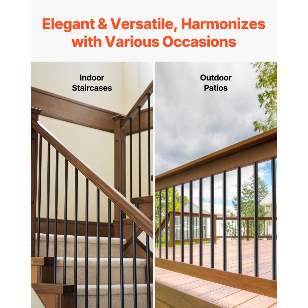 VEVOR Staircase Balusters 51 Pack, 36 In Aluminum Stair Balusters, 3/4 In Water-Proof Round Metal Spindle Railing, Hollow Deck Railing with Rail Caps & Screws for Stairs, Porch, Patio, Fence, Black