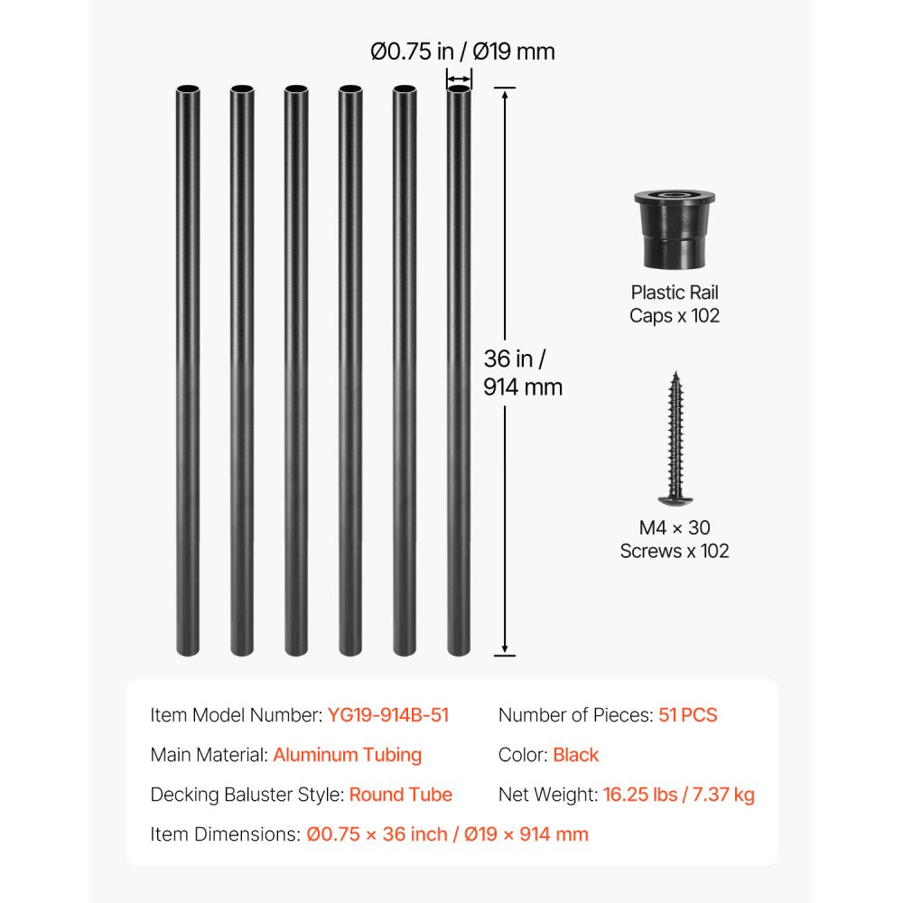 VEVOR Staircase Balusters 51 Pack, 36 In Aluminum Stair Balusters, 3/4 In Water-Proof Round Metal Spindle Railing, Hollow Deck Railing with Rail Caps & Screws for Stairs, Porch, Patio, Fence, Black