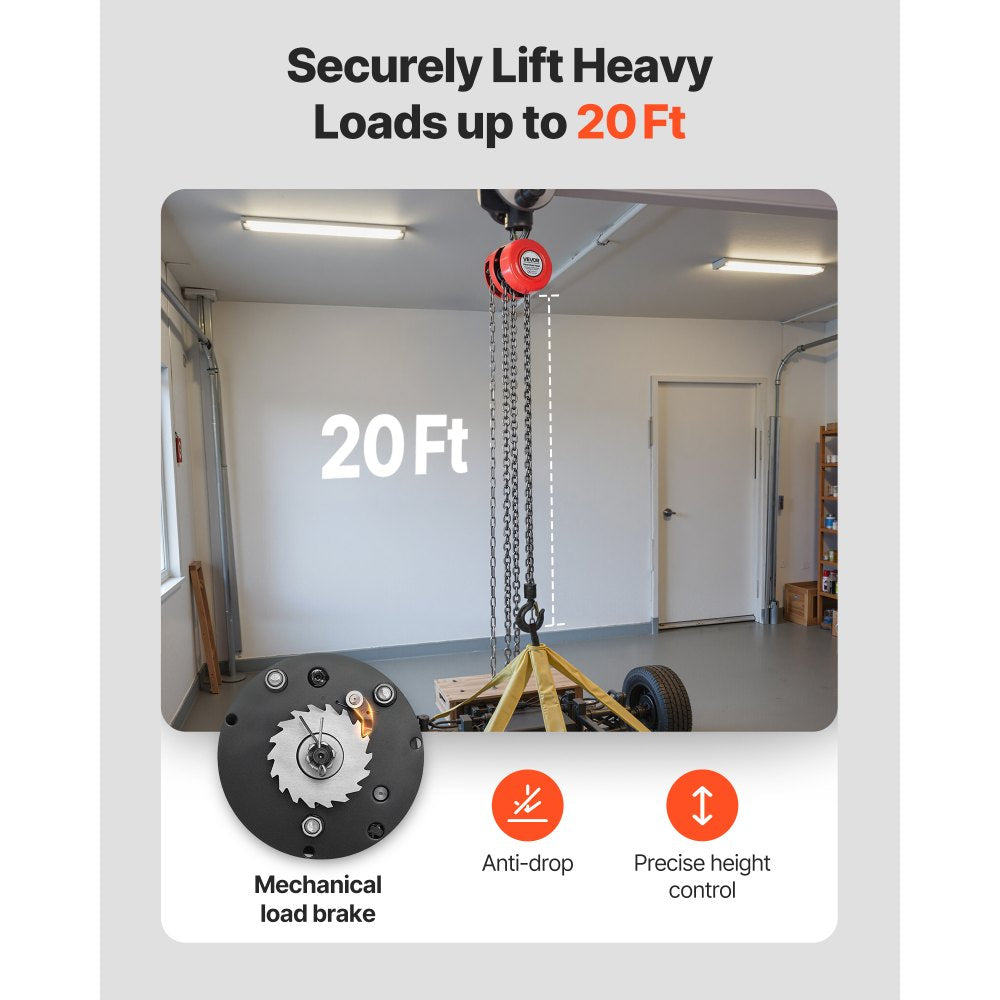 VEVOR Hand Chain Hoist, 1 Ton 2200 lbs Capacity, Manual Chain Block with Upgrade G70 Galvanized Chain, 20 ft Lifting Height, Heavy Duty Pulley Hoist for Garage Warehouse Automotive Machinery, Red