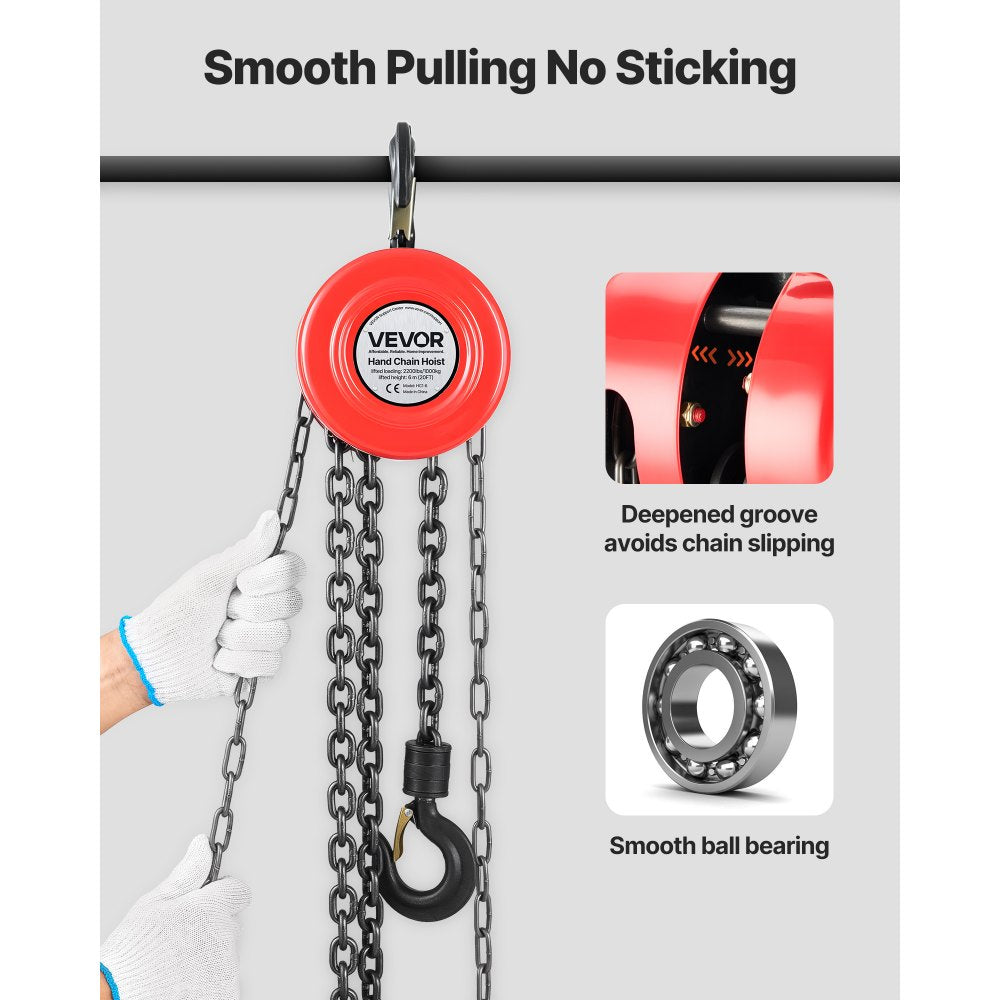 VEVOR Hand Chain Hoist, 1 Ton 2200 lbs Capacity, Manual Chain Block with Upgrade G70 Galvanized Chain, 20 ft Lifting Height, Heavy Duty Pulley Hoist for Garage Warehouse Automotive Machinery, Red