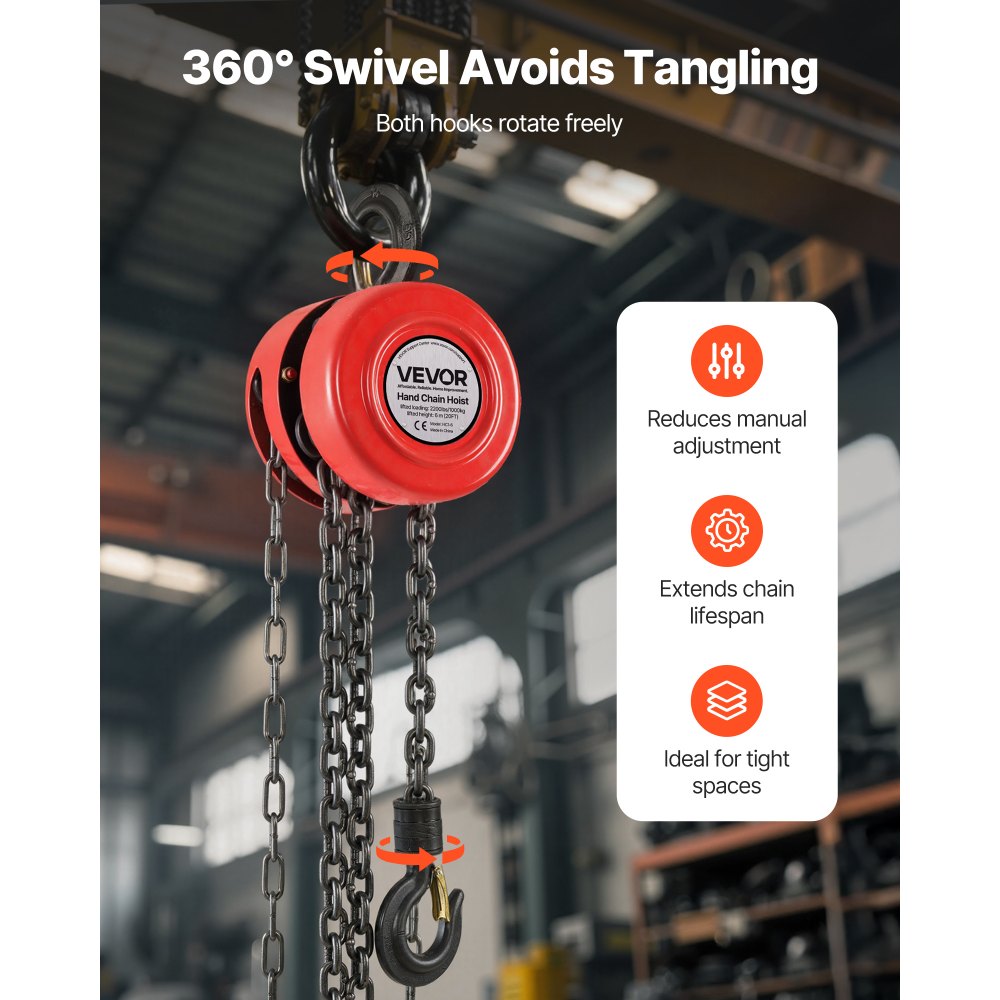 VEVOR Hand Chain Hoist, 1 Ton 2200 lbs Capacity, Manual Chain Block with Upgrade G70 Galvanized Chain, 20 ft Lifting Height, Heavy Duty Pulley Hoist for Garage Warehouse Automotive Machinery, Red