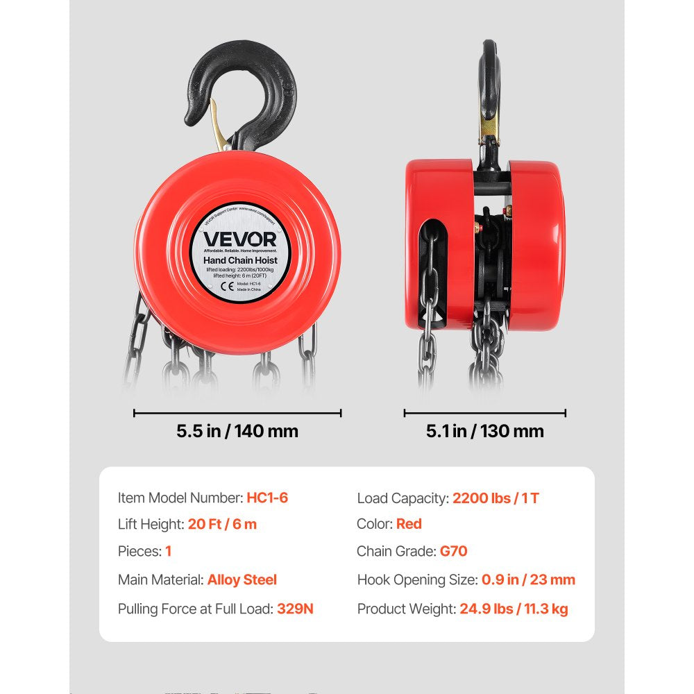 VEVOR Hand Chain Hoist, 1 Ton 2200 lbs Capacity, Manual Chain Block with Upgrade G70 Galvanized Chain, 20 ft Lifting Height, Heavy Duty Pulley Hoist for Garage Warehouse Automotive Machinery, Red