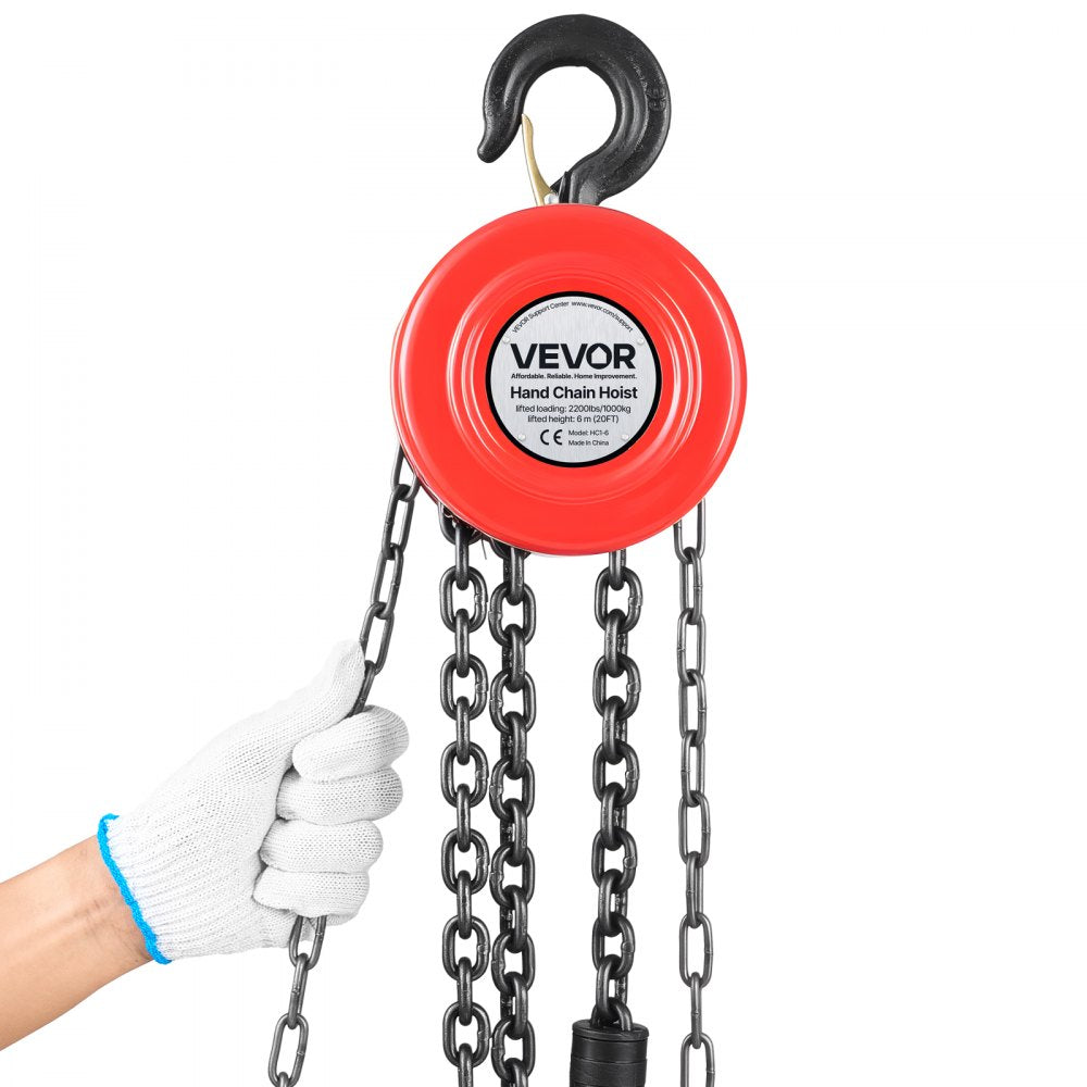 VEVOR Hand Chain Hoist, 1 Ton 2200 lbs Capacity, Manual Chain Block with Upgrade G70 Galvanized Chain, 20 ft Lifting Height, Heavy Duty Pulley Hoist for Garage Warehouse Automotive Machinery, Red