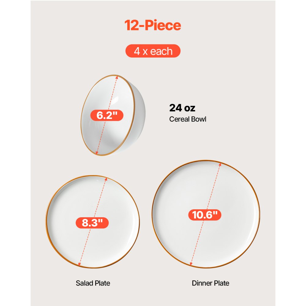 VEVOR Dinnerware Set, Service for 4 (12 PCS), Round Plates and Bowls Sets, Scratch Resistant Ceramic Dinner Ware, Dishwasher and Microwave Suitable Kitchen Dish, for Dessert Salad Soup Pasta, White