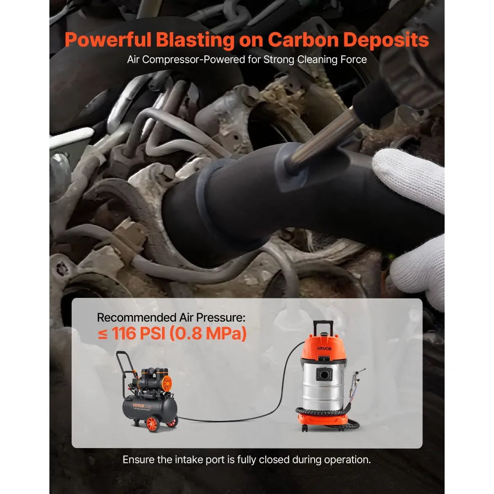 VEVOR Walnut Blaster Kit for Carbon Cleaning, 1200W Sand Blaster with Built-in Vacuum, Extension Nozzle Sandblaster Gun, and 5.5lbs Walnut Shell for Engine Intake Valve Cleaning - 30L