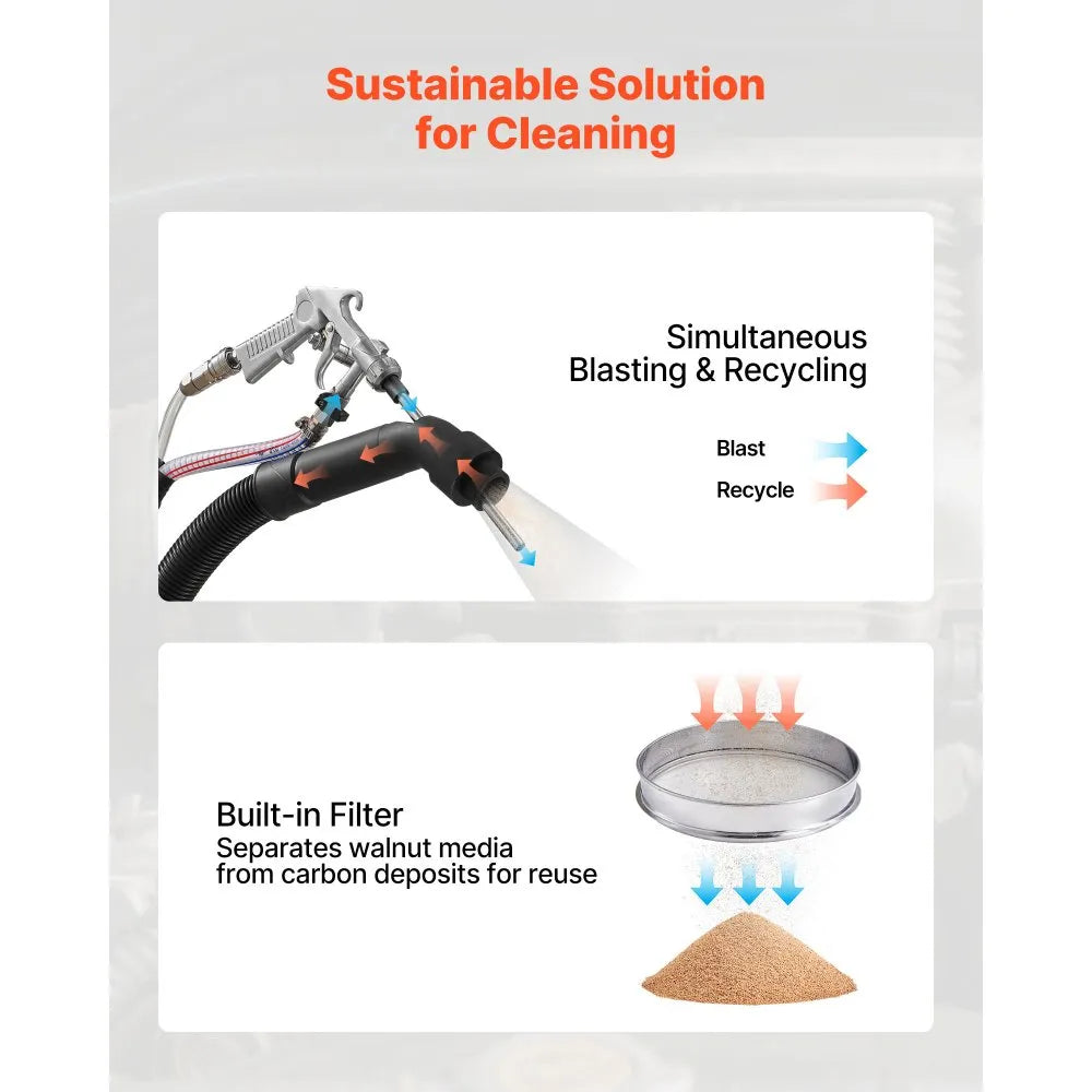 VEVOR Walnut Blaster Kit for Carbon Cleaning, 1200W Sand Blaster with Built-in Vacuum, Extension Nozzle Sandblaster Gun, and 5.5lbs Walnut Shell for Engine Intake Valve Cleaning - 13L