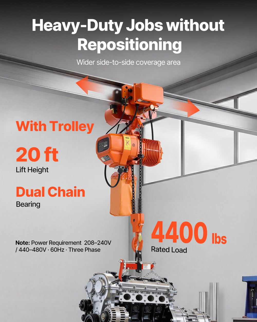 VEVOR electric chain hoist with trolley - 4400 lbs rated load, 20 ft lift height (infographic)