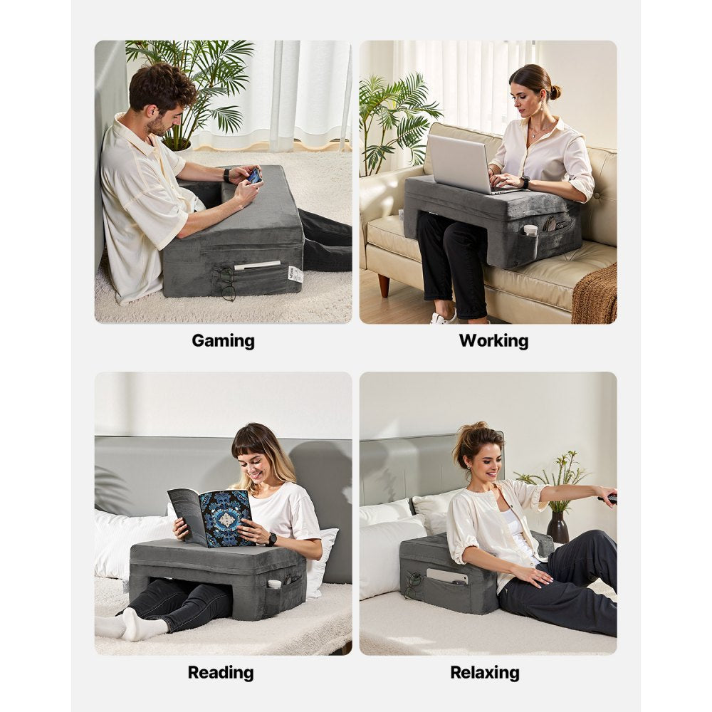 VEVOR Reading Pillow, Lap Desk Pillow with Washable Cloth, Large Bed Pillow with 2 Pockets and Cup Holder, Memory Foam Bed Rest for Reading, Gaming, Resting, Working, Grey