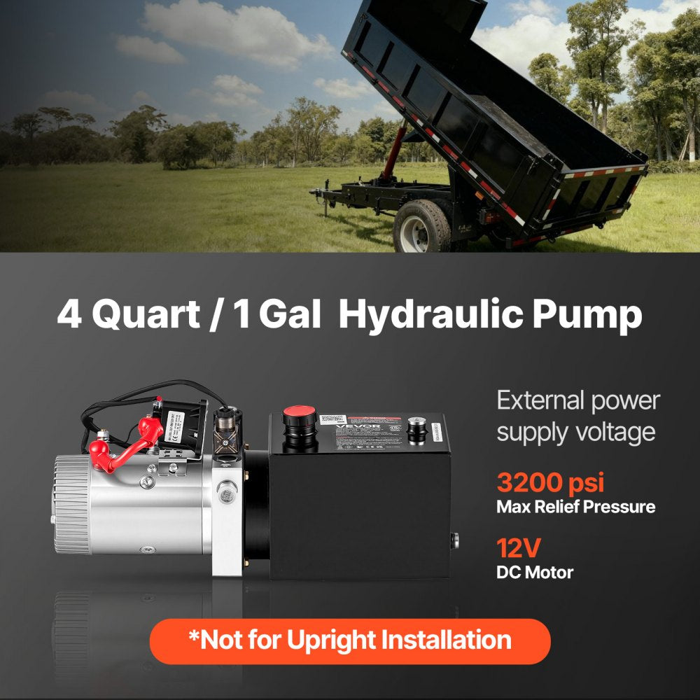 VEVOR 4 Quart Hydraulic Pump, Single Acting Hydraulic Power Unit, 3200 PSI Max Relief Pressure, 0.91 GPM Flow Rate, DC12V 1.6KW Power Unit for Dump Trailer Car Lifting (Horizontal Installation)