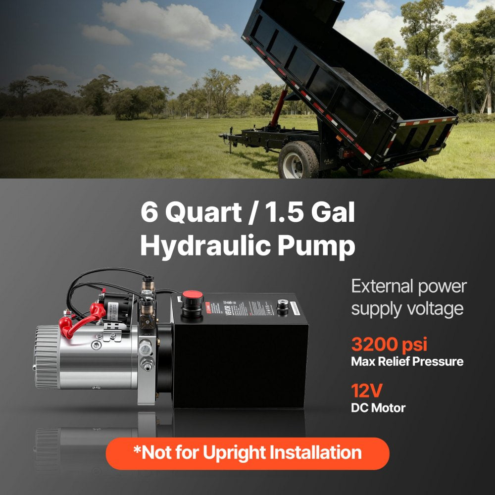 VEVOR 6 Quart Hydraulic Pump, Double Acting Hydraulic Trailer Pump, 3200PSI Max Relief Pressure, 0.91GPM Flow Rate, DC12V 1.6KW Power Unit for Dump Trailer Car Lifting (Horizontal Installation)
