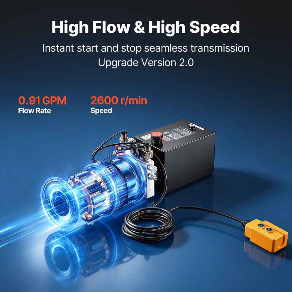 VEVOR 6 Quart Hydraulic Pump, Double Acting Hydraulic Trailer Pump, 3200PSI Max Relief Pressure, 0.91GPM Flow Rate, DC12V 1.6KW Power Unit for Dump Trailer Car Lifting (Horizontal Installation)