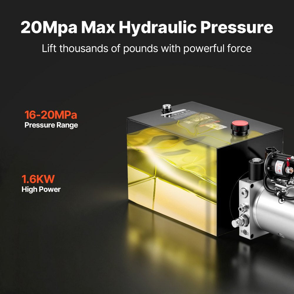 VEVOR 12 Quart Hydraulic Pump, Single Acting Hydraulic Power Unit, 3200 PSI Max Relief Pressure, 0.91 GPM Flow Rate, DC12V 1.6KW Power Unit for Dump Trailer Car Lifting (Horizontal Installation)