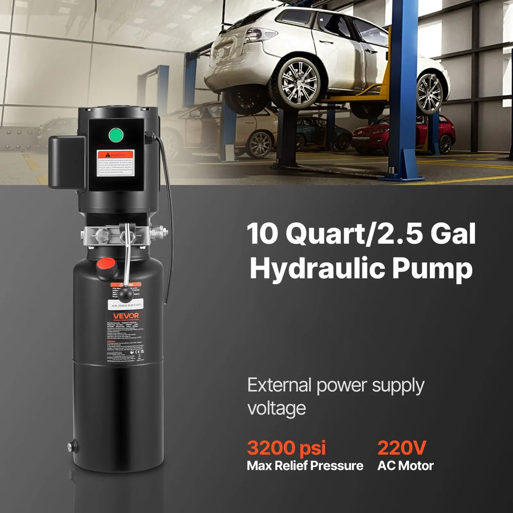 VEVOR hydraulic pump power unit in auto lift shop scene - 10 quart / 2.5 gal, 220V