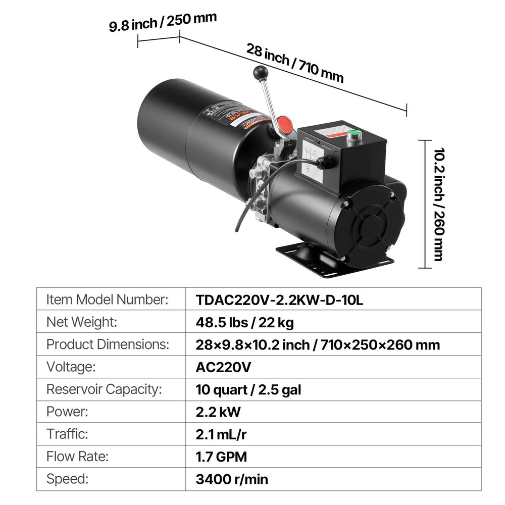 VEVOR hydraulic power unit dimension/spec chart graphic - 28 x 9.8 x 10.2 in