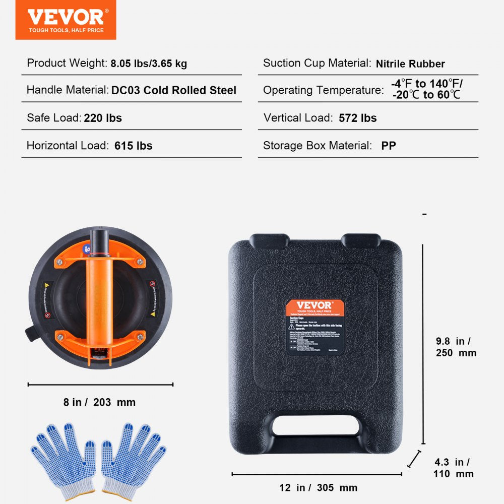 VEVOR Glass Suction Cup, 8" 615 lbs Load Capacity, Vacuum Suction Cup with Steel Handle and Carry Box, Heavy Duty Industrial Suction Cup Lifter Tool for Glass, Granite, Tile, Metal, Wood Panel Lifting