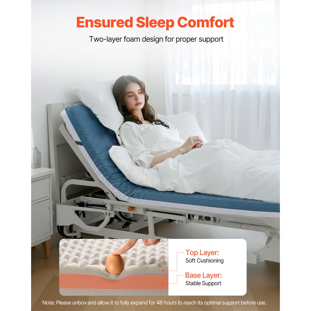 VEVOR Hospital Bed Mattress, 300 lbs Load, Long Term Care Pressure Redistribution Medical-Grade Dual Layer Foam Mattress, Waterproof for Bedsore Treatment Nursing Homes and Home Care, 34 x 76 x 3.5 in