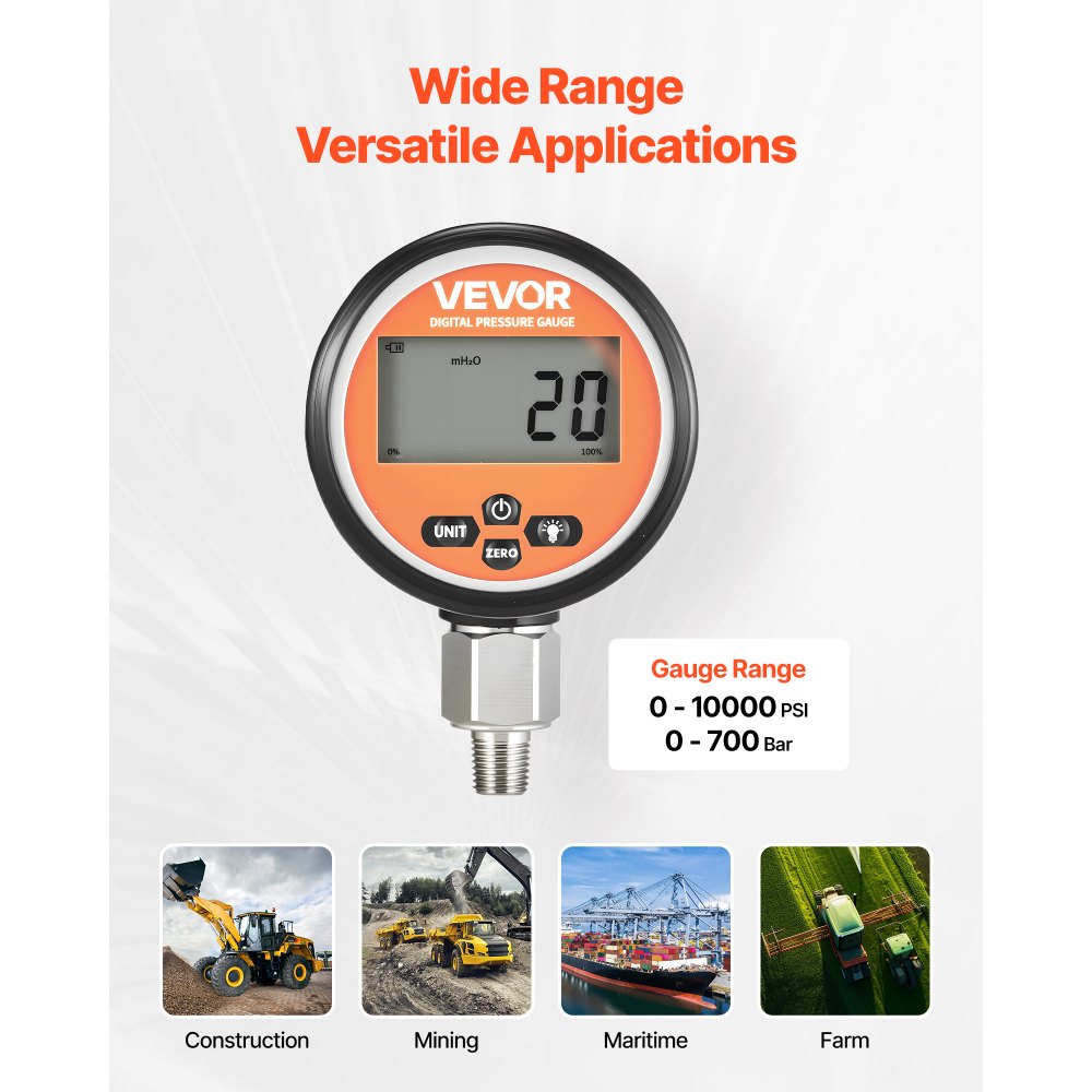 VEVOR Digital Hydraulic Pressure Gauge, 0-10000 PSI (0-700 Bar) Hydraulic Pressure Sensor, Manometer Tester with 1/4 inch NPT Base Entry for Excavator Construction Machinery, Stainless Steel Housing