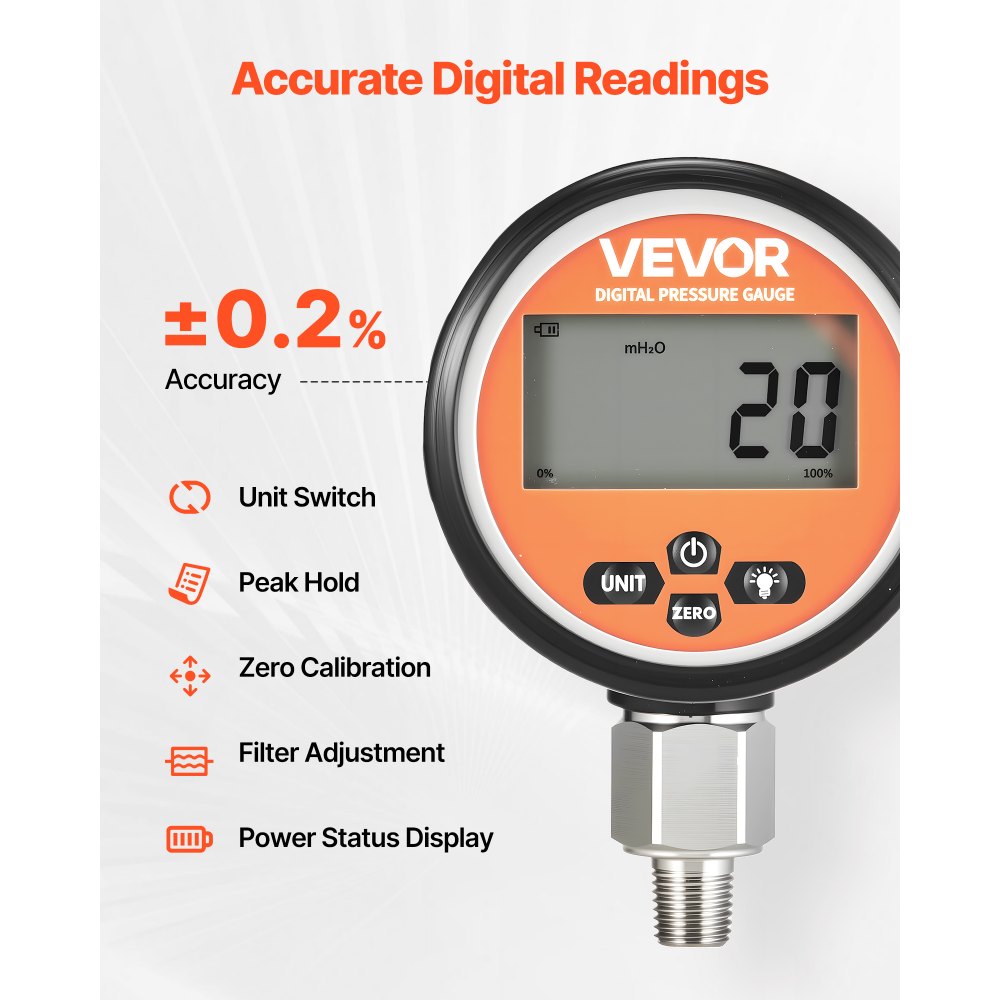 VEVOR Digital Hydraulic Pressure Gauge, 0-10000 PSI (0-700 Bar) Hydraulic Pressure Sensor, Manometer Tester with 1/4 inch NPT Base Entry for Excavator Construction Machinery, Stainless Steel Housing
