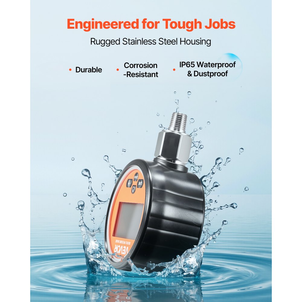 VEVOR Digital Hydraulic Pressure Gauge, 0-10000 PSI (0-700 Bar) Hydraulic Pressure Sensor, Manometer Tester with 1/4 inch NPT Base Entry for Excavator Construction Machinery, Stainless Steel Housing