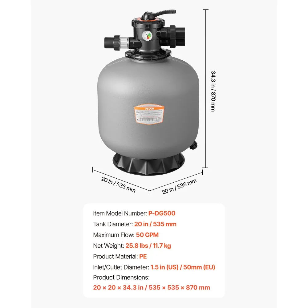 VEVOR Sand Filter, 20-Inch, 50 GPM Above Inground Swimming Pool Sand Filter System, with 7-Way Multi-Port Valve, Backwash, Rinse, Recirculate, Waste, Winter, Closed Modes, for Above In Ground Pools