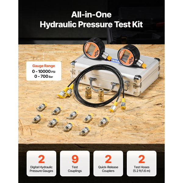 Vevor Hydraulic Pressure Test Kit Digital 10000 PSI Dual Gauge Couplin ...