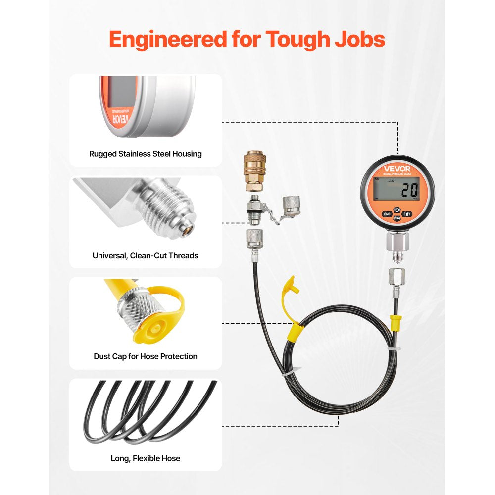 VEVOR Digital Hydraulic Pressure Test Coupling Kit, 10000 PSI Pressure Gauge Manometer Tester with 2 Gauges, 9 Test Couplings, 2 Quick-Release Couplers, 2 Hoses for Excavator Construction Machinery
