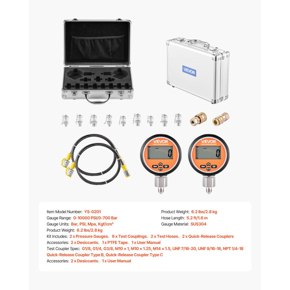 VEVOR Digital Hydraulic Pressure Test Coupling Kit, 10000 PSI Pressure Gauge Manometer Tester with 2 Gauges, 9 Test Couplings, 2 Quick-Release Couplers, 2 Hoses for Excavator Construction Machinery