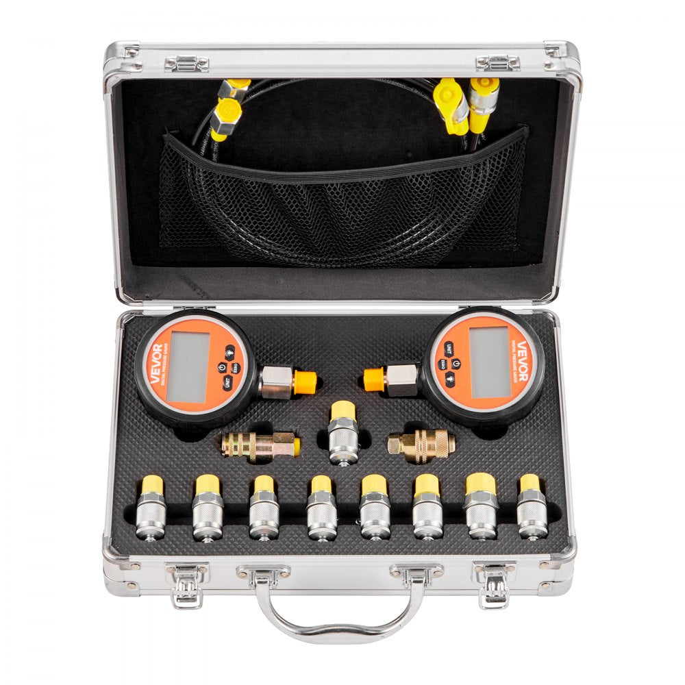 VEVOR Digital Hydraulic Pressure Test Coupling Kit, 10000 PSI Pressure Gauge Manometer Tester with 2 Gauges, 9 Test Couplings, 2 Quick-Release Couplers, 2 Hoses for Excavator Construction Machinery